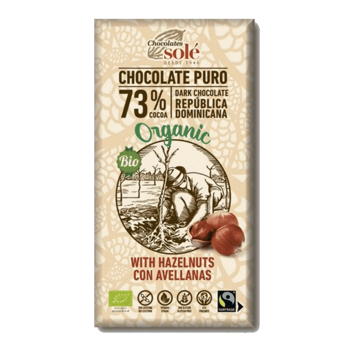 Chocolate Negro 73% Avelãs Bio 150 grs Sole