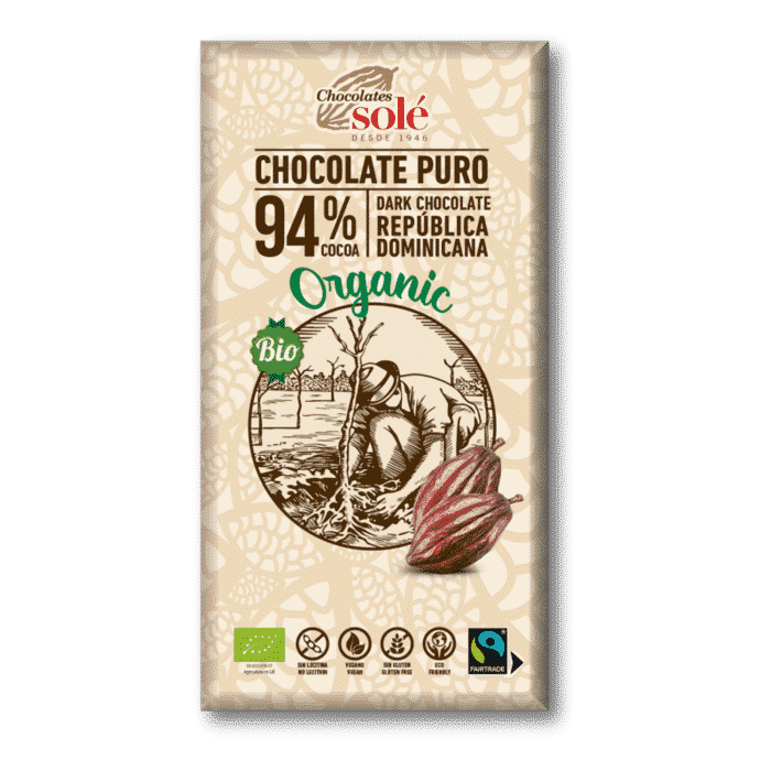 Chocolate Negro 94% Cacau, ingredientes biológicos, sem glúten, vegan